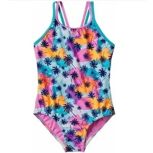 Speedo Girls One-Piece Swimsuit XL 16 Multi Palm Pink Blue Thin Straps